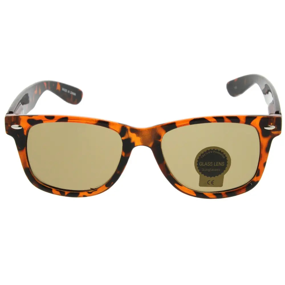 Set of 12 tortoiseshell-patterned sunglasses with gold-tinted glass lenses and rounded frames