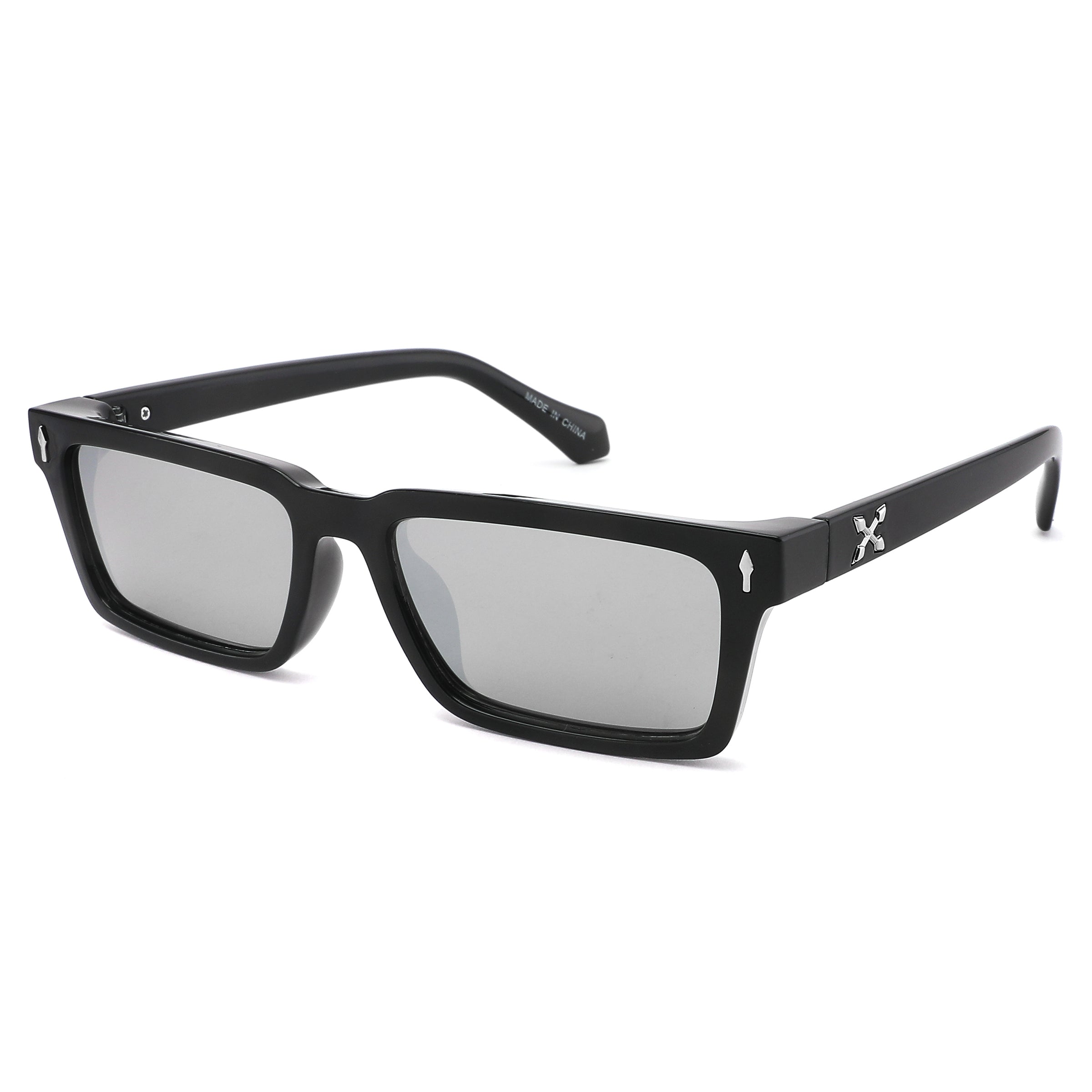 Black sunglasses with a logo on a white background