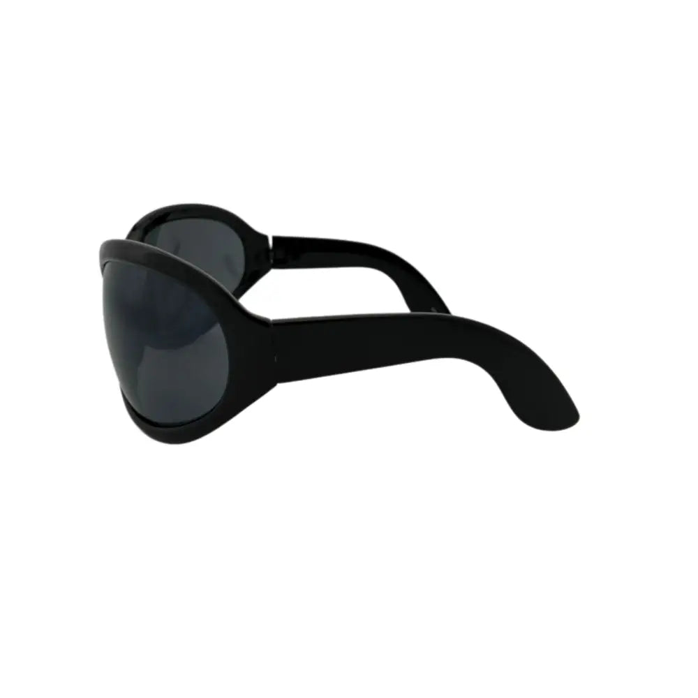 Set of 12 black plastic sunglasses with dark gray lenses and a sleek curved frame design