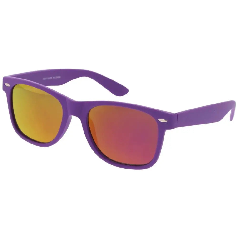 Set of 12 purple plastic-framed sunglasses with yellow to red gradient mirrored lenses in a 350r style