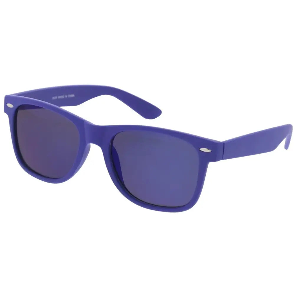 A set of 12 purple plastic-framed sunglasses with dark gray lenses and a classic shape labeled 350r