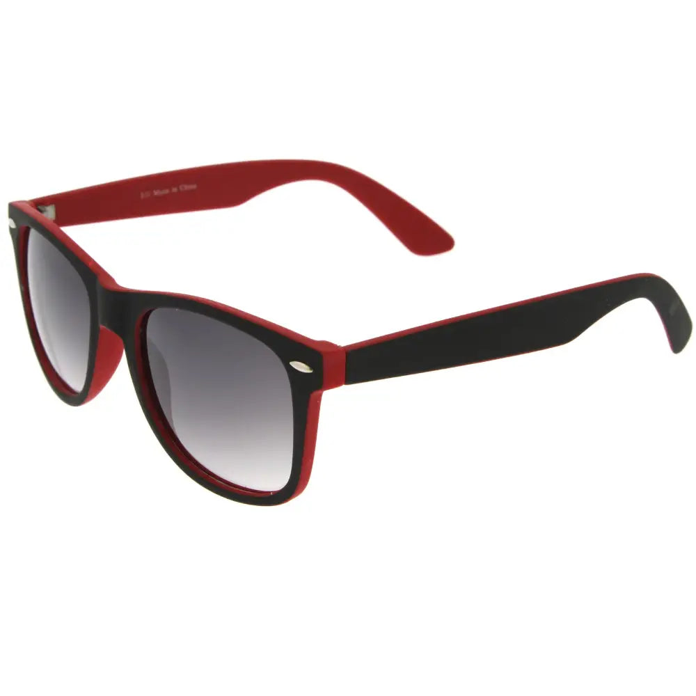 Set of 12 sunglasses with red and black rectangular frames and gradient gray lenses
