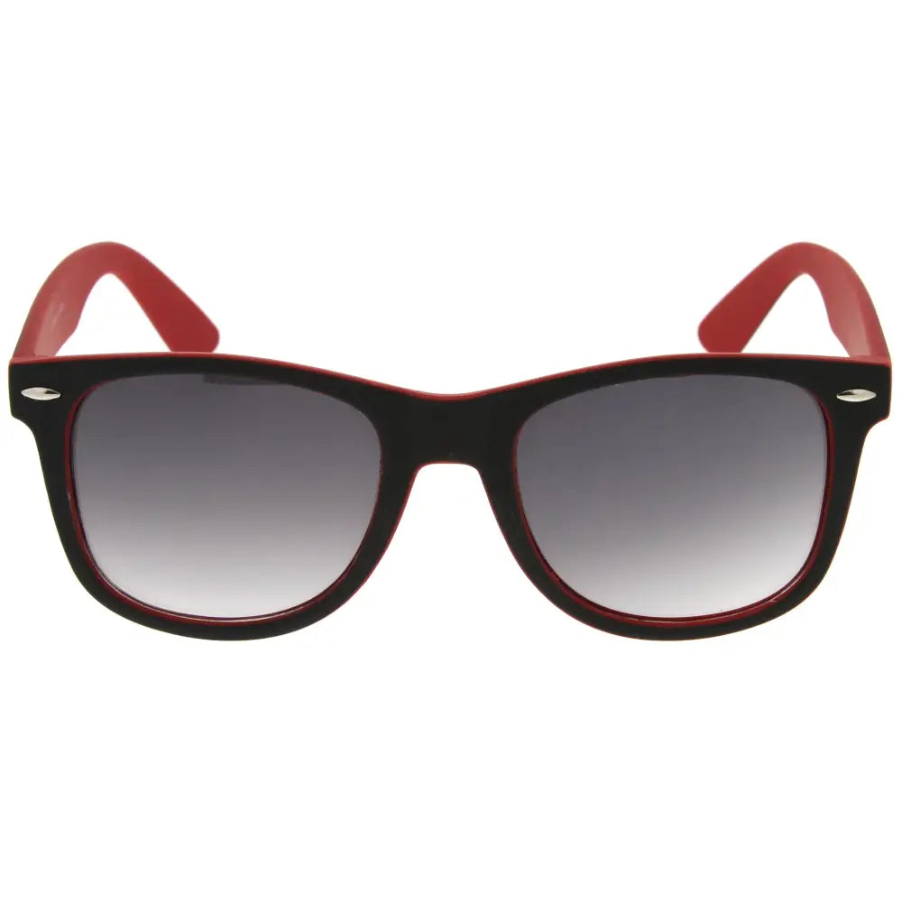 Sunglasses set of 12 with red and black frames and gradient gray lenses in a rectangular shape