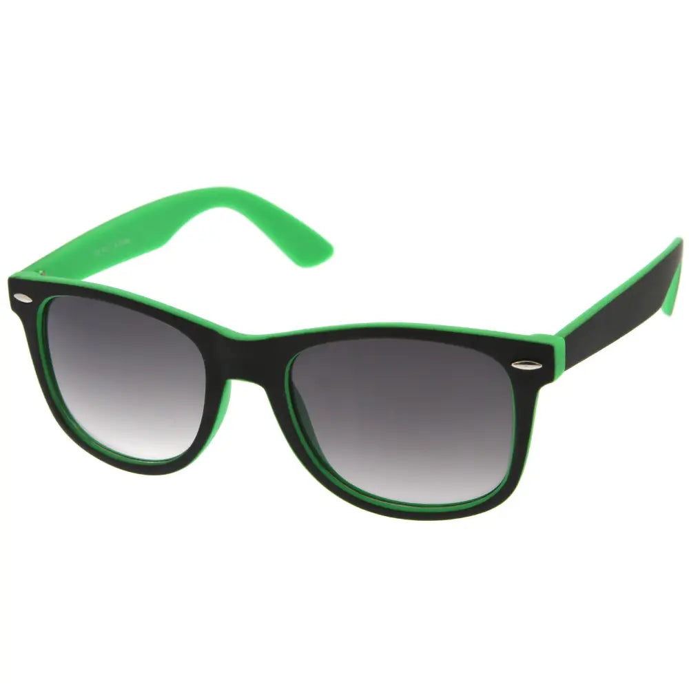 Vibrant green and black wayfarer sunglasses with gradient gray lenses in a set of 12