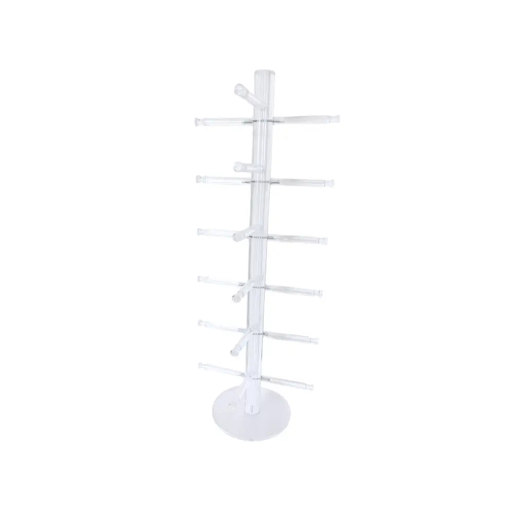 Clear acrylic 6 tier sunglasses tabletop display stand with multiple horizontal arms for showcasing frames