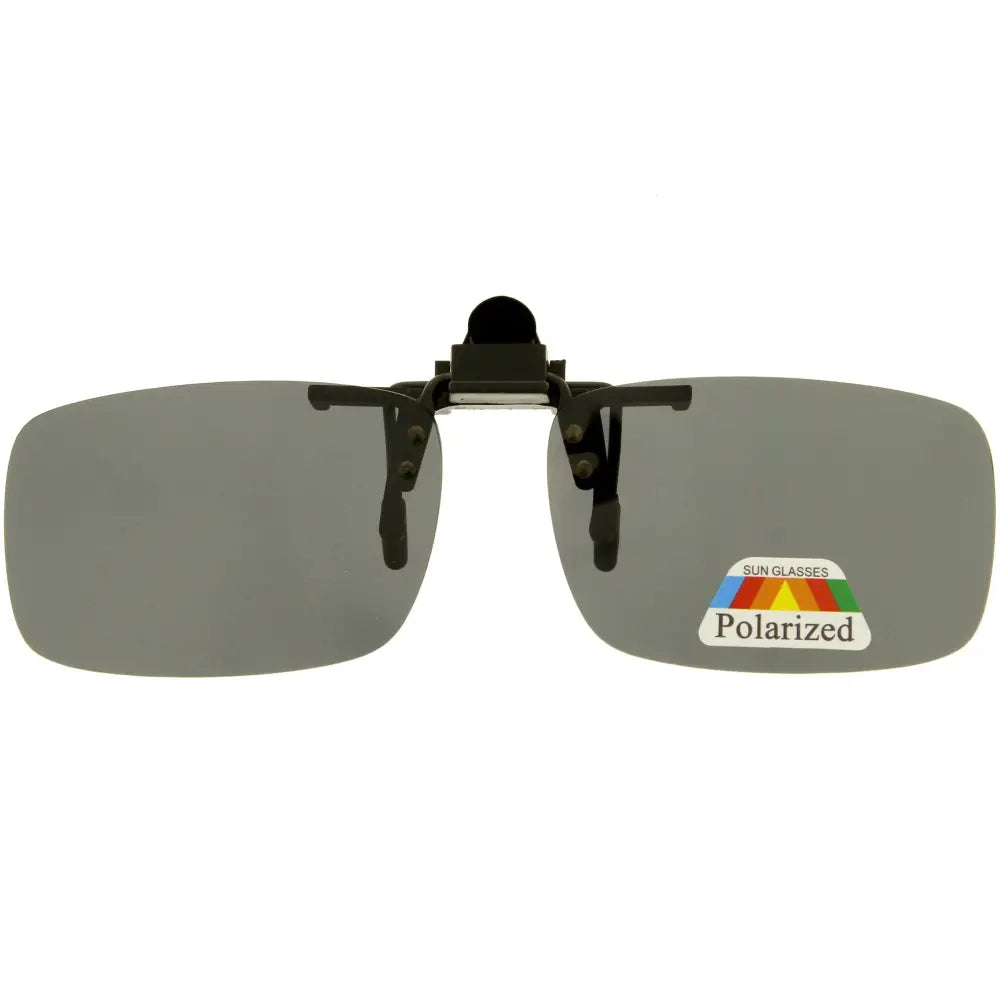 Black clip-on polarized sunglasses with gray lenses and a sleek minimalist design set of 12