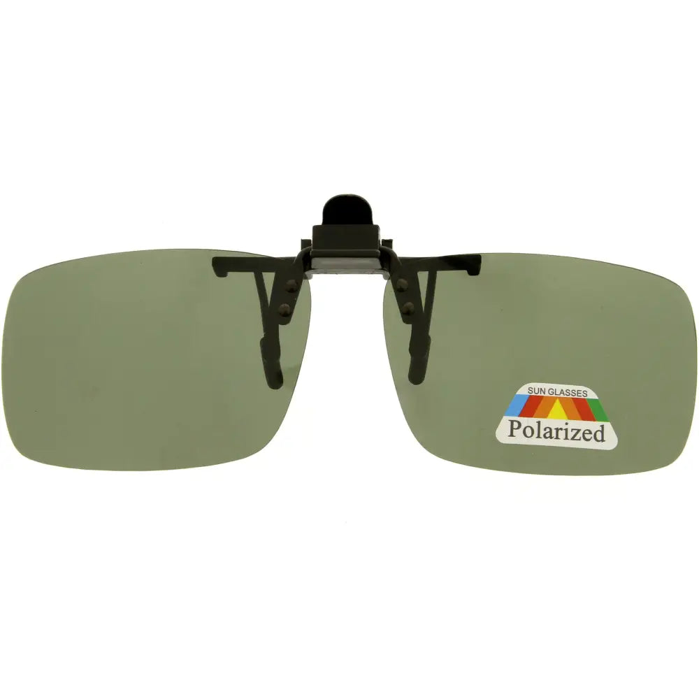 Black clip-on polarized sunglasses with olive green lenses in a set of 12