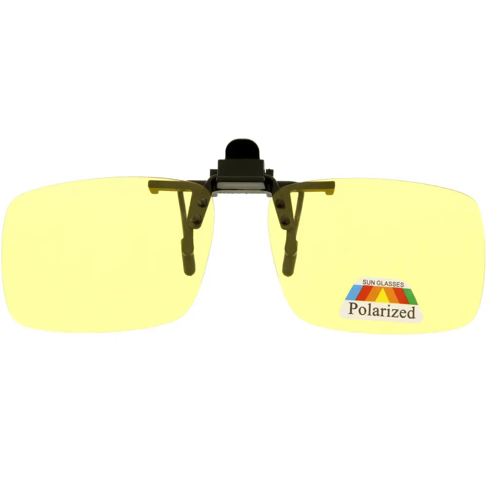 Yellow polarized clip-on sunglasses with black frame and adjustable arms in a set of 12