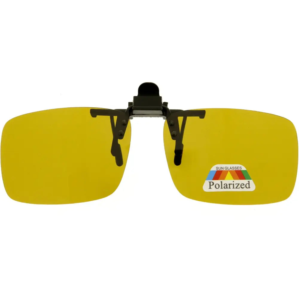 Set of 12 yellow polarized clip-on sunglasses with black plastic arms and central hinge for easy attachment