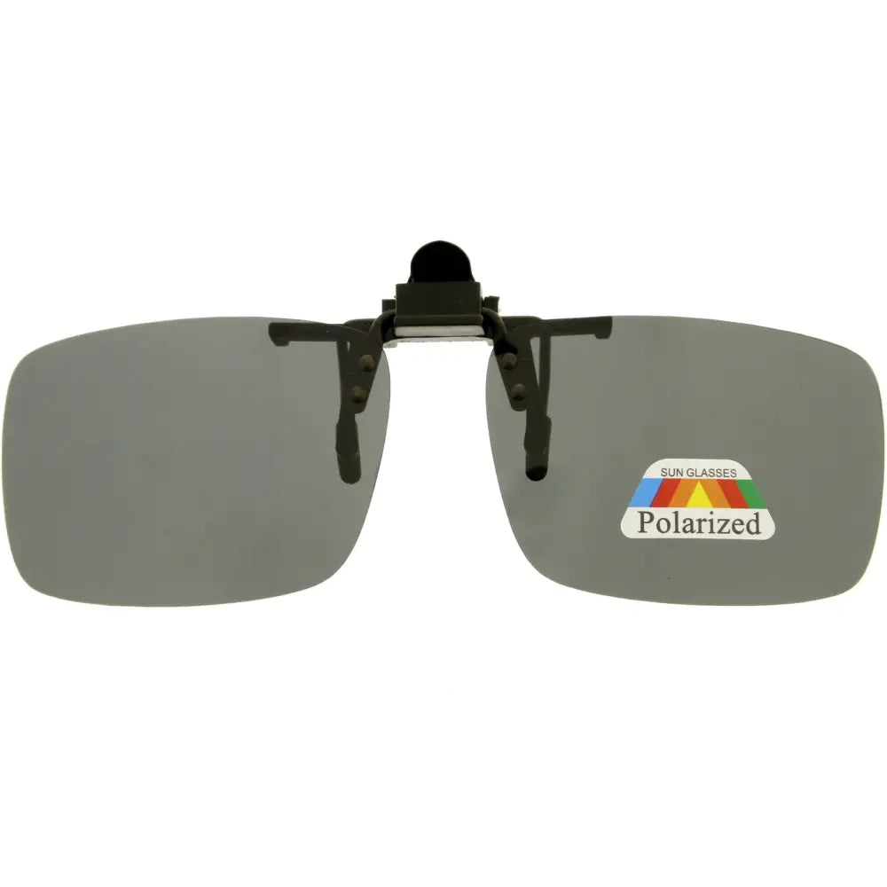 Gray polarized clip-on sunglasses with black metal arms and a small sticker on the right lens set of 12