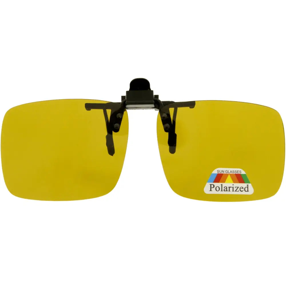 Yellow polarized clip-on sunglasses with black plastic arms and a small label on the right lens set of 12