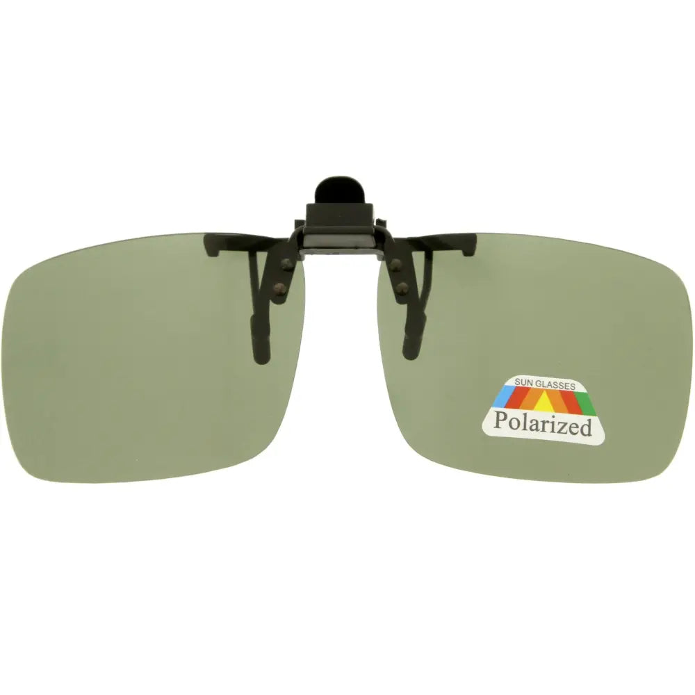 Set of 12 black clip-on polarized sunglasses with olive-tinted lenses