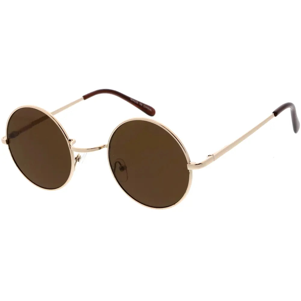 Gold-toned round sunglasses with dark brown lenses and tortoiseshell temple tips in a set of 12 7133
