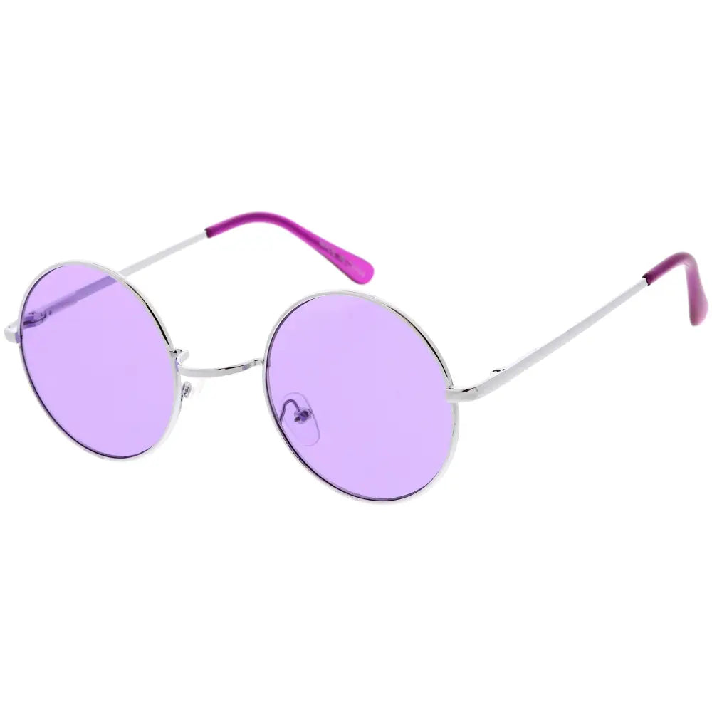 Purple-tinted round sunglasses with silver metal frames and pink temple tips in a set of 12 labeled 7133