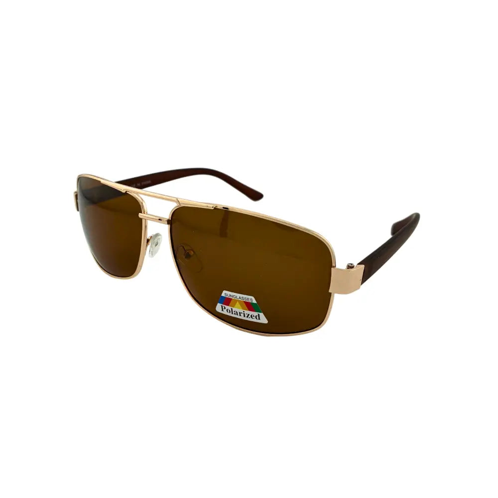 Gold-toned aviator sunglasses with brown polarized lenses and dark brown temple arms in a set of 12