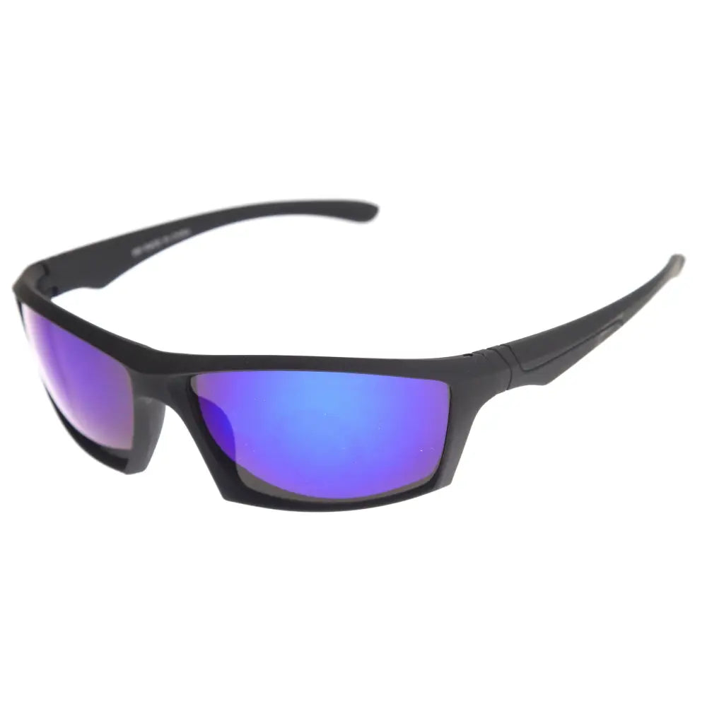 Set of 12 black-framed sunglasses with reflective blue-purple lenses in a classic rectangular shape