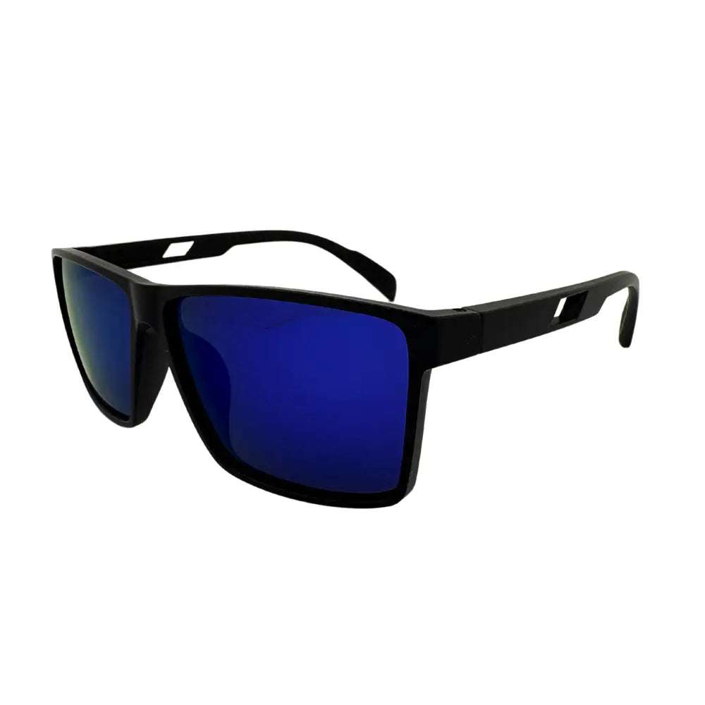 Black-framed sunglasses with vibrant blue mirrored lenses shown as a set of 12 909p eyewear