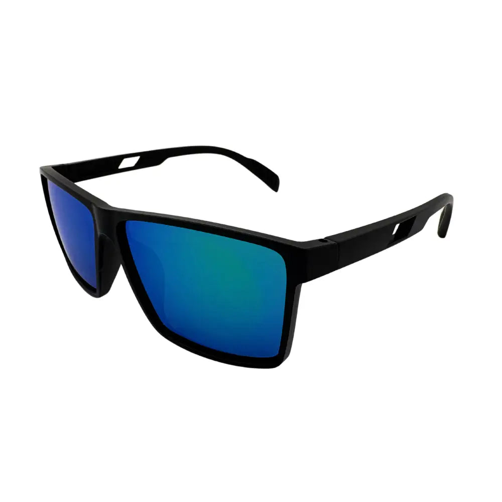 Set of 12 black-framed sunglasses with vibrant blue mirrored lenses and a rectangular frame shape