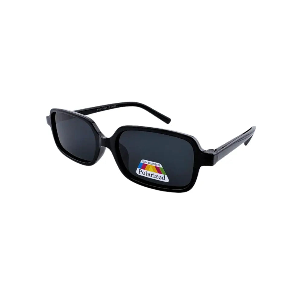 Set of 12 black rectangular-framed sunglasses with dark gray polarized lenses and glossy finish