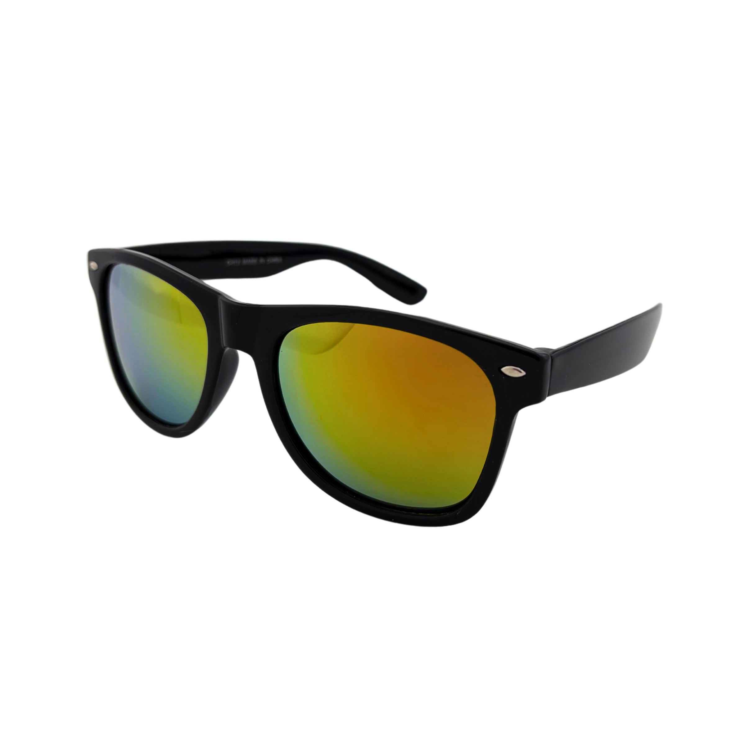 Assorted wayfarer sunglasses with shiny black frames and colorful revel lenses in yellow/green, yellow/orange, blue, and blue/green – fashionable UV400 protective eyewear for men and women
