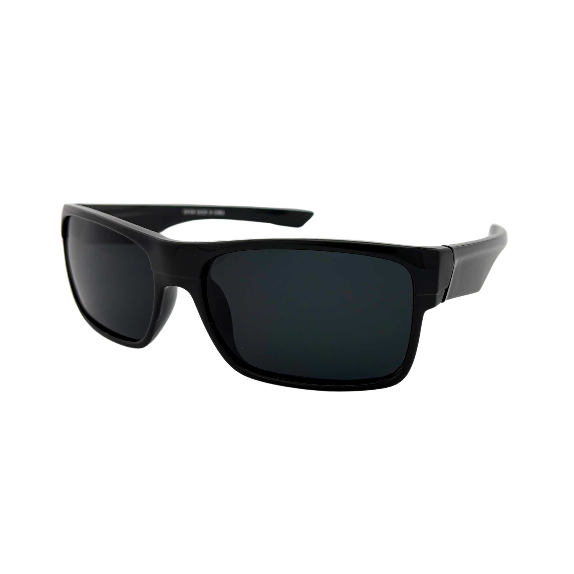 Polycarbonate sunglasses with matte and shiny black frames and smoke lenses, UV400 protection
