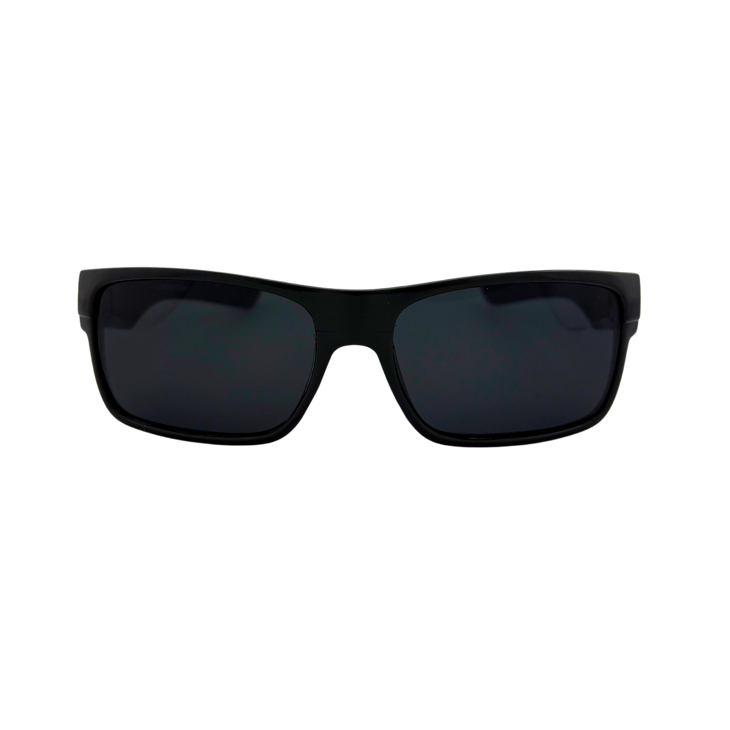 Polycarbonate sunglasses with matte and shiny black frames and smoke lenses, UV400 protection