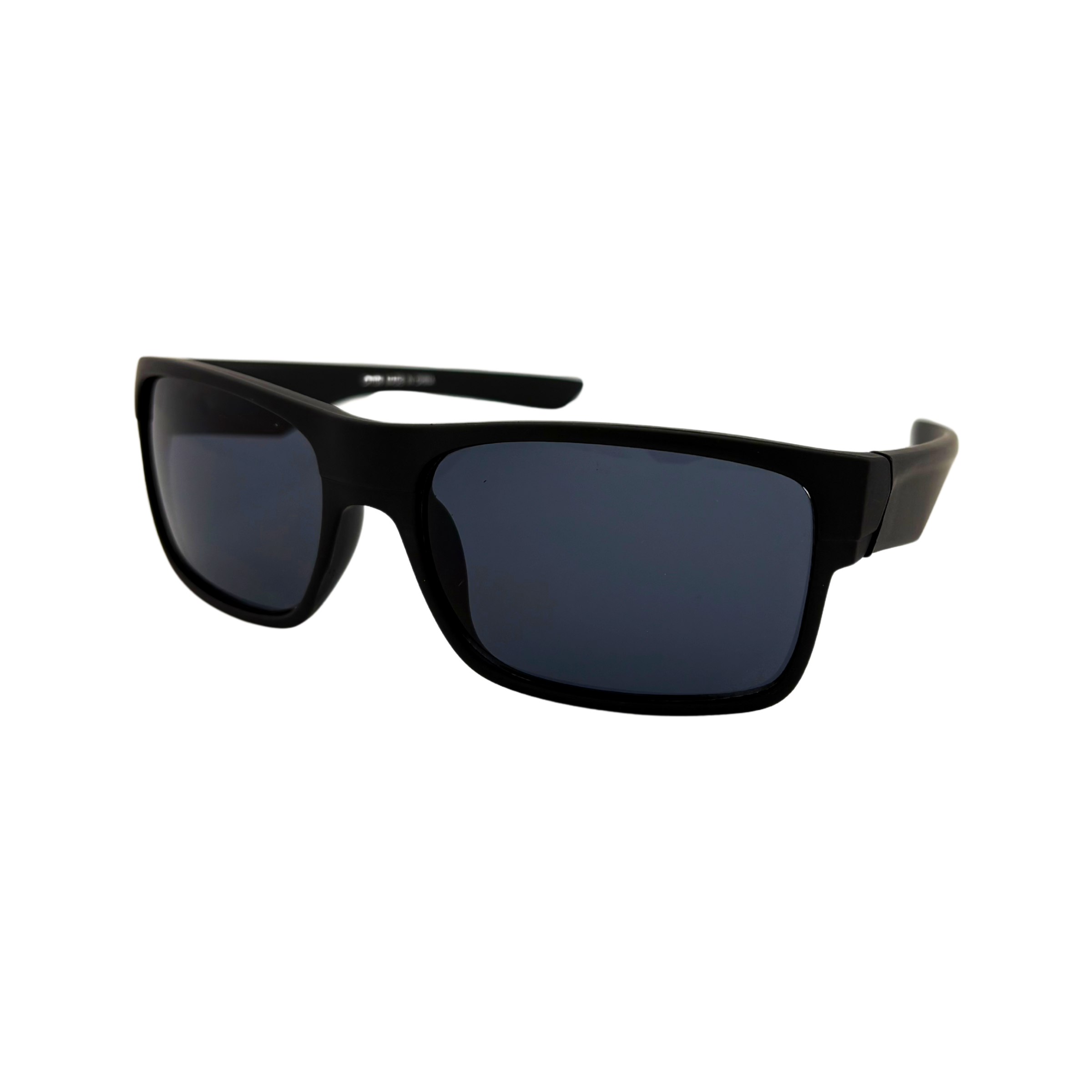 Polycarbonate sunglasses with matte and shiny black frames and smoke lenses, UV400 protection
