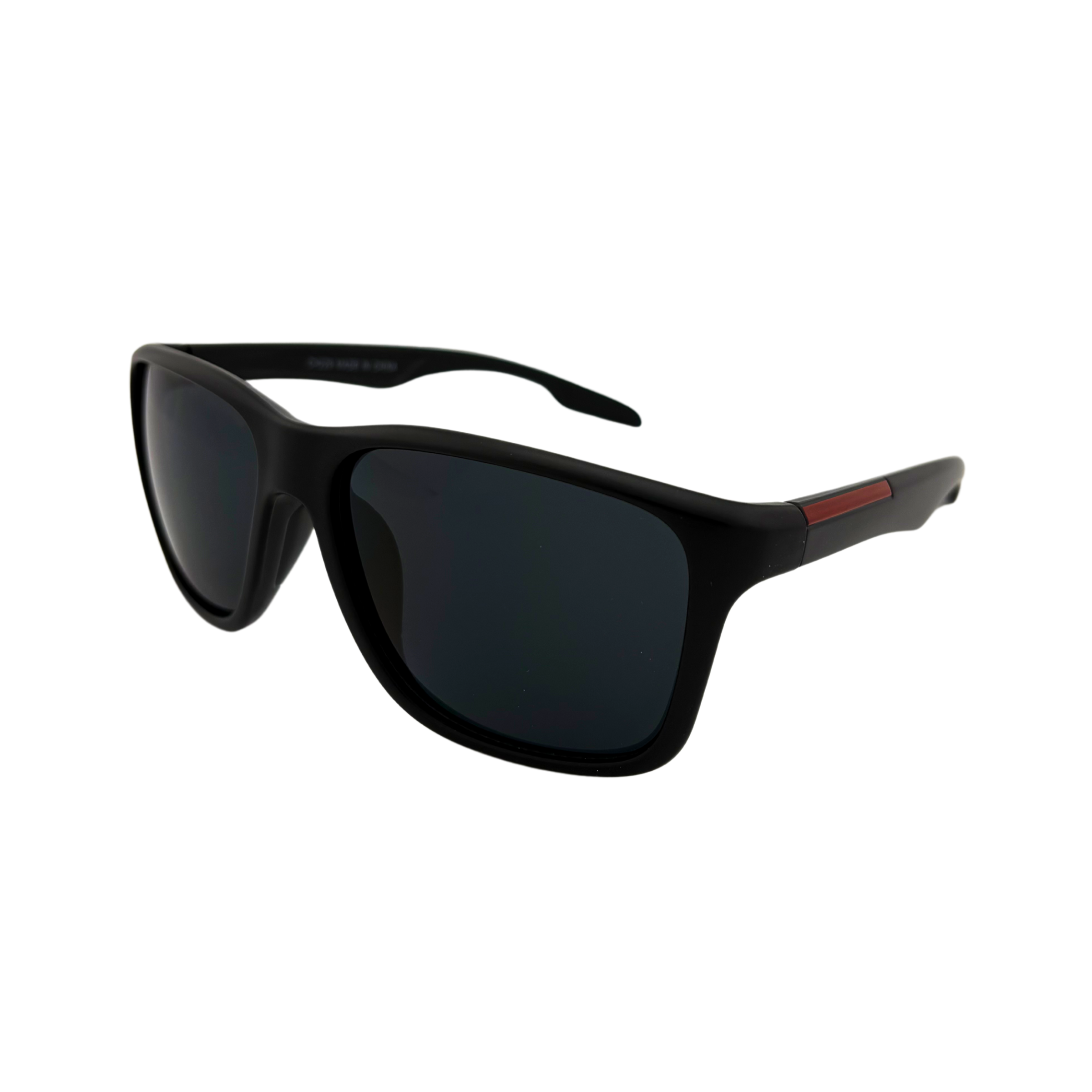 Black polycarbonate sunglasses with smoke lenses, UV400 protection