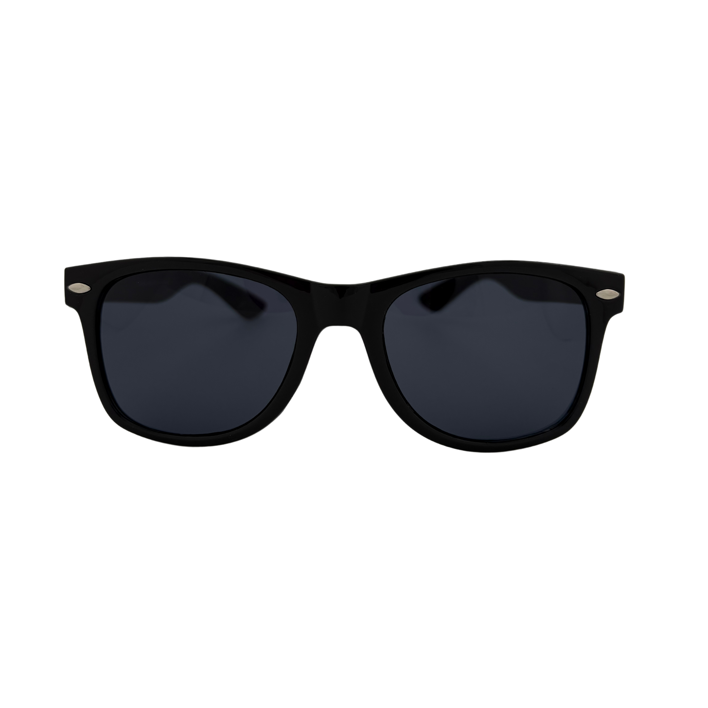 Wayfarer sunglasses with bamboo print arms and smoke lenses, in shiny black and matte black polycarbonate frames – UV400 protection