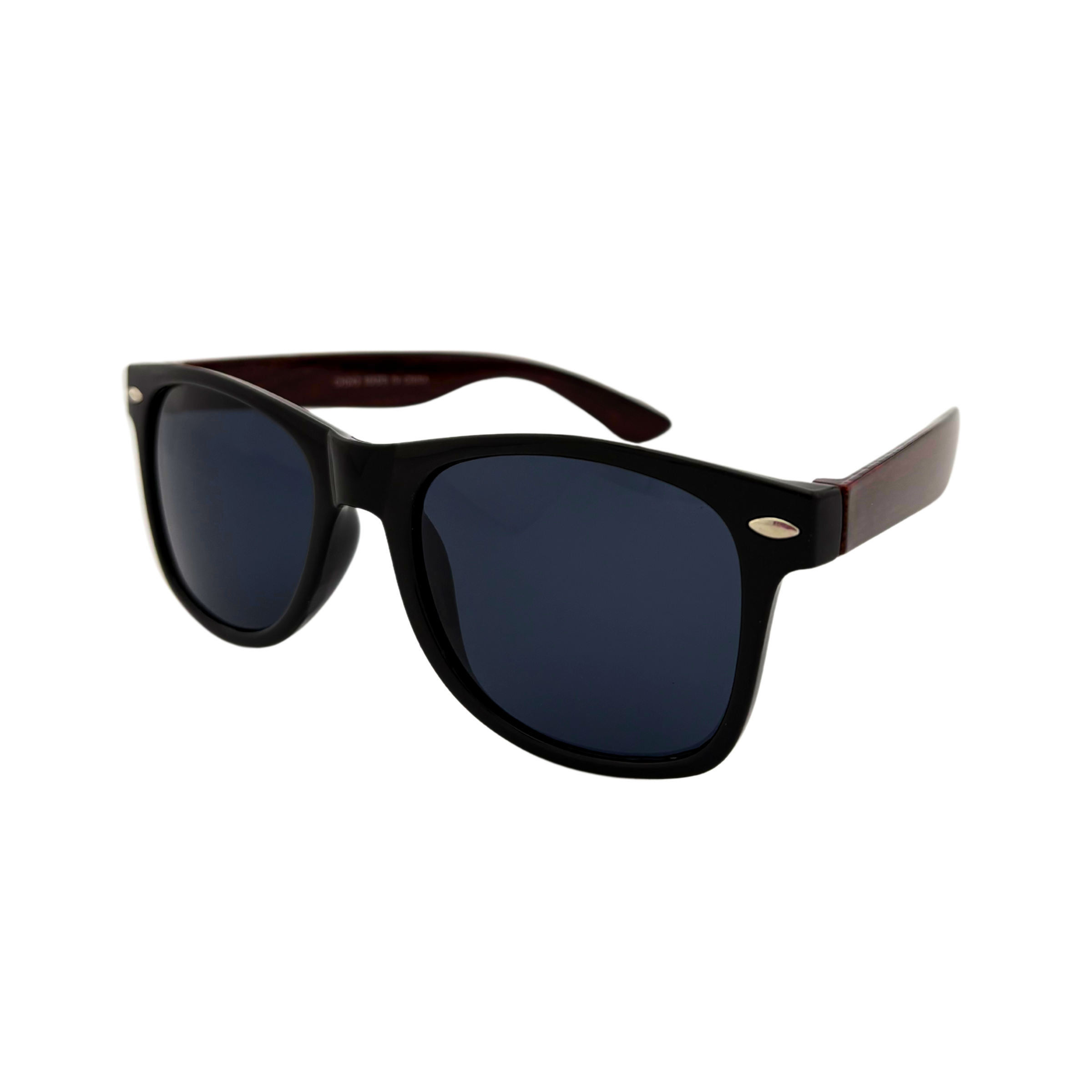 Wayfarer sunglasses with bamboo print arms and smoke lenses, in shiny black and matte black polycarbonate frames – UV400 protection