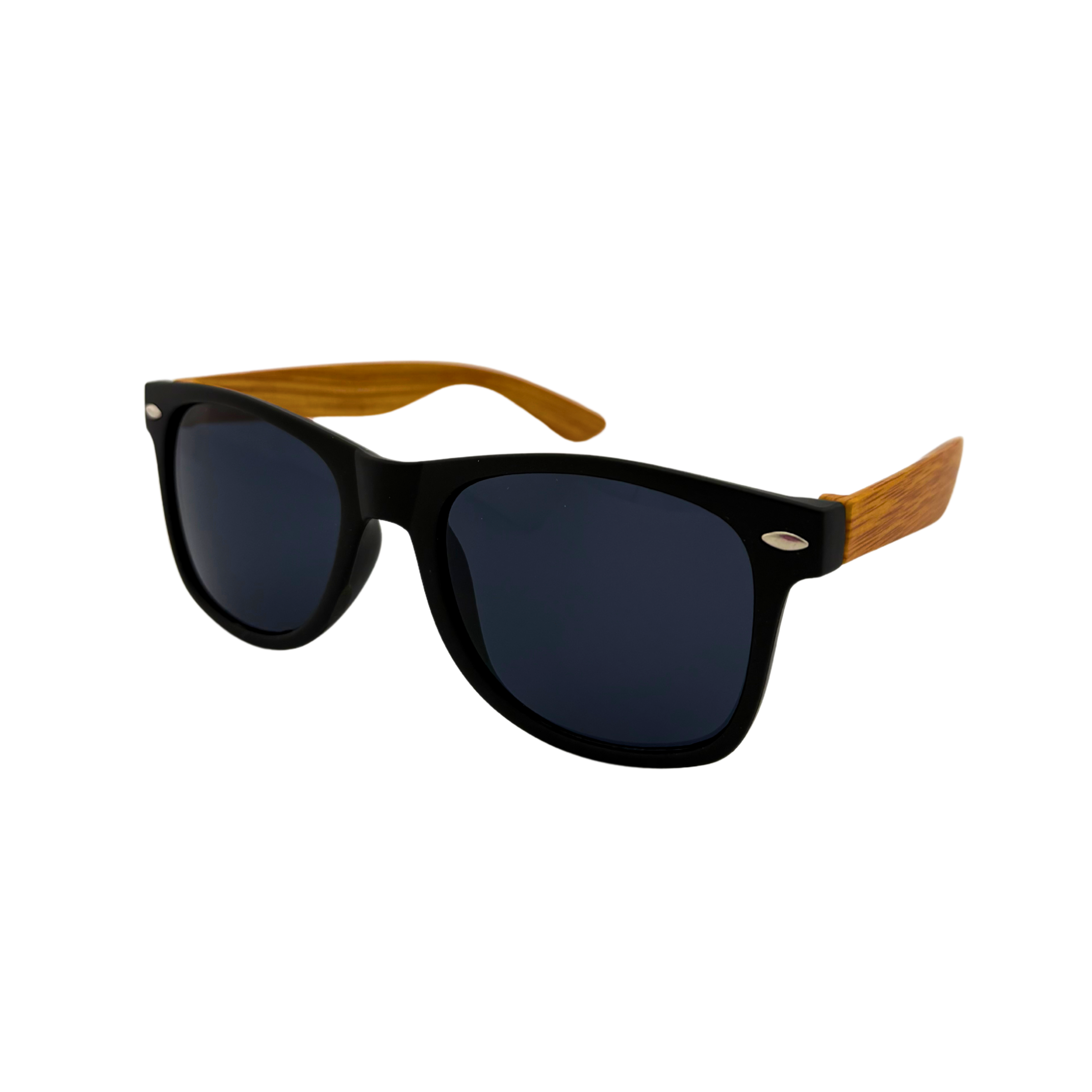 Wayfarer sunglasses with bamboo print arms and smoke lenses, in shiny black and matte black polycarbonate frames – UV400 protection