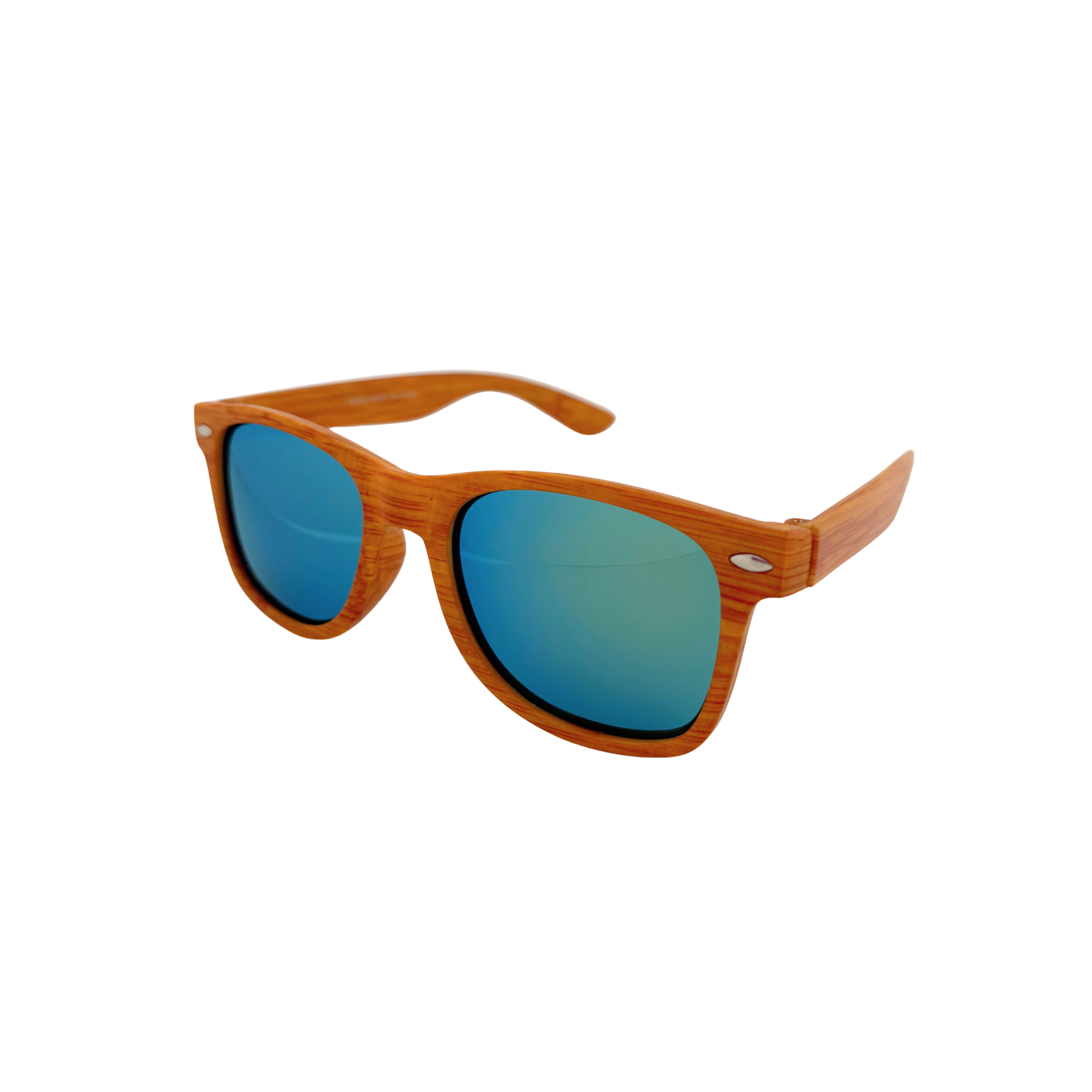 Wooden sunglasses with blue lenses on a white background