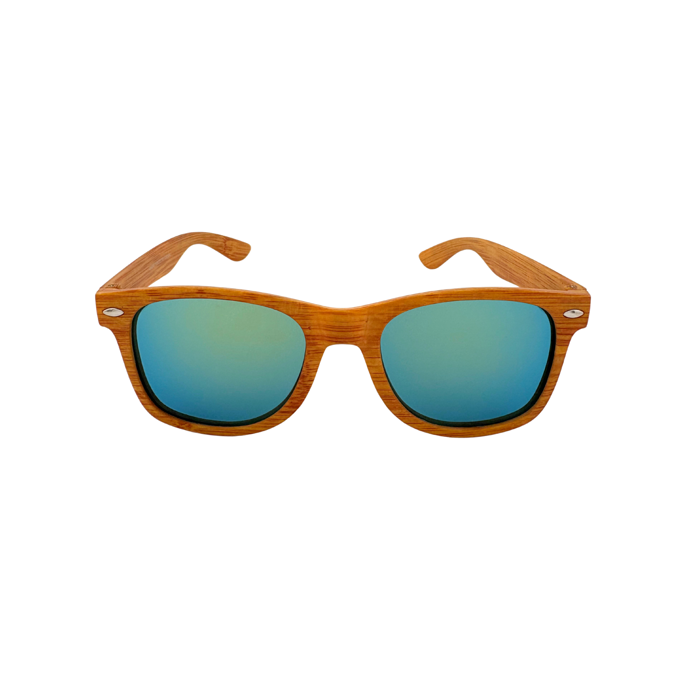 Wooden sunglasses with blue lenses on a white background