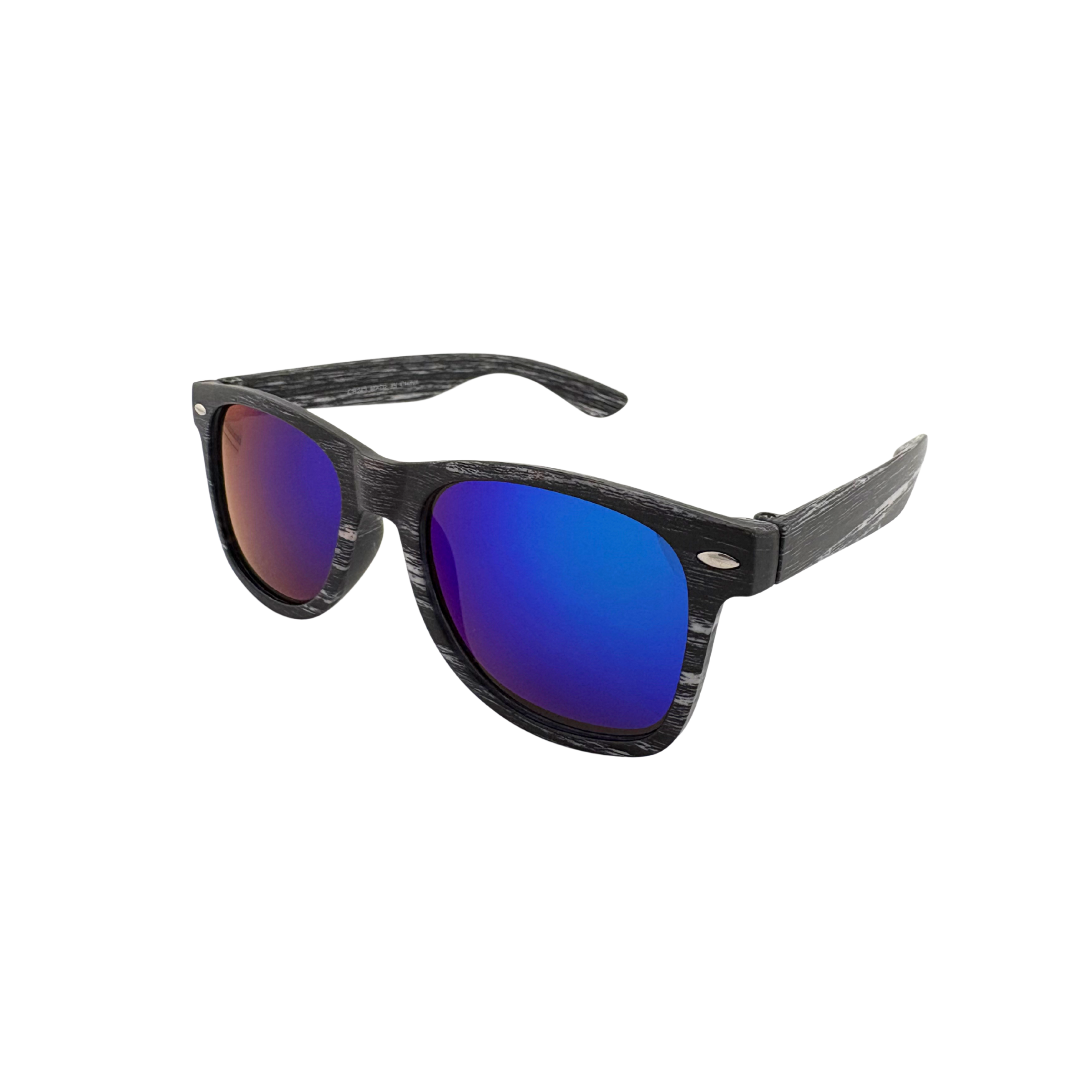 Sunglasses with blue reflective lenses and black frame on a white background