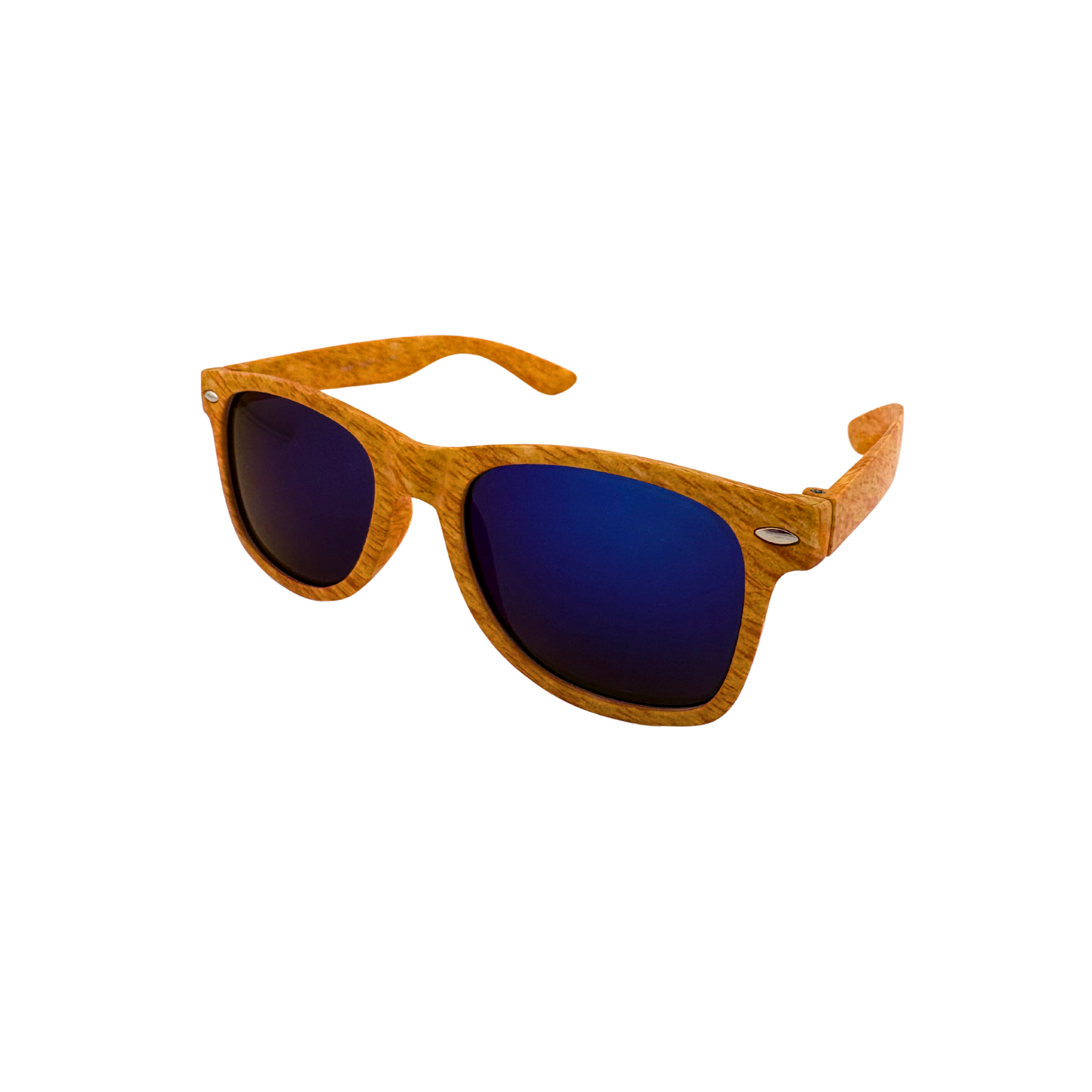 Wooden-framed sunglasses with blue lenses on a white background
