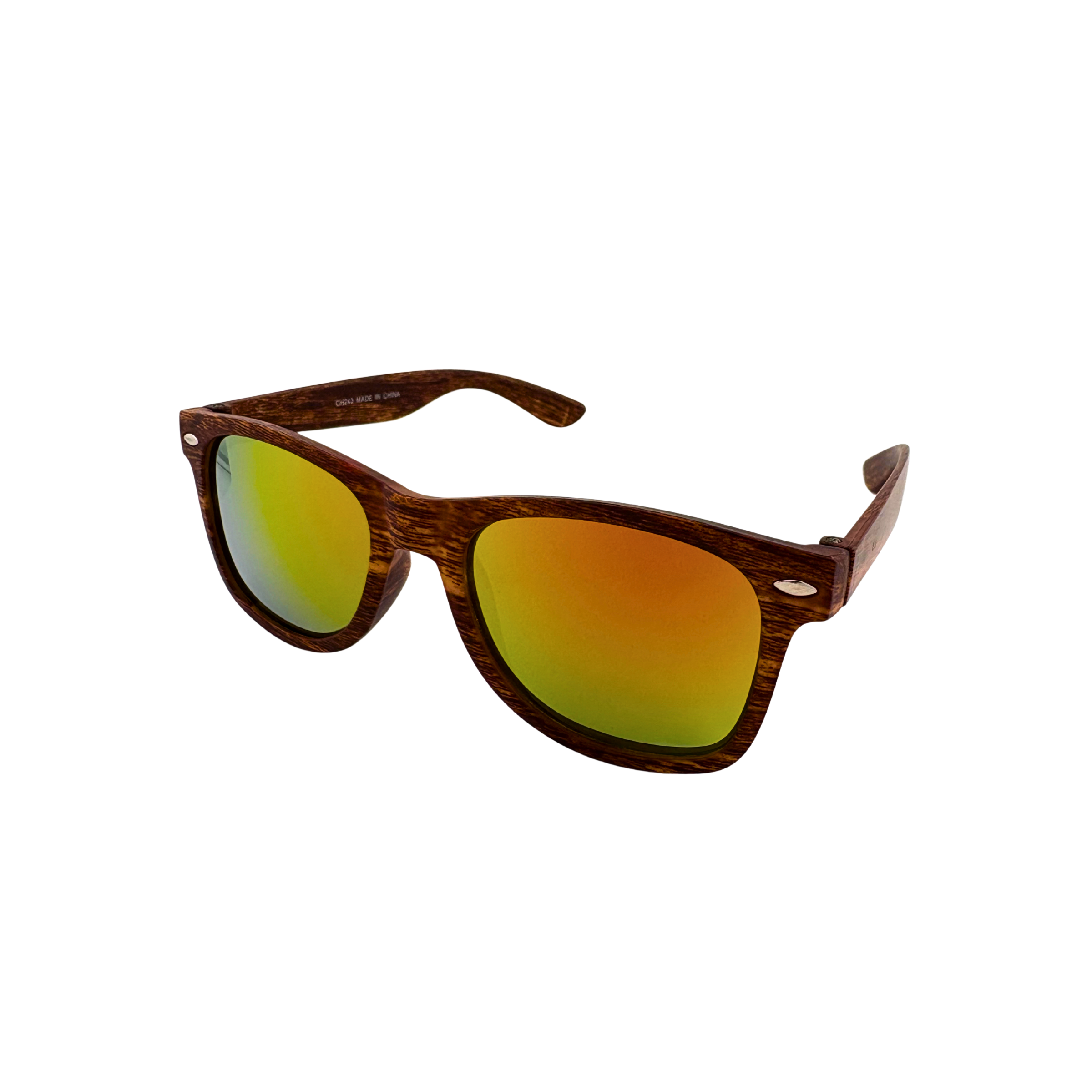 Wooden-framed sunglasses with reflective orange lenses on a white background