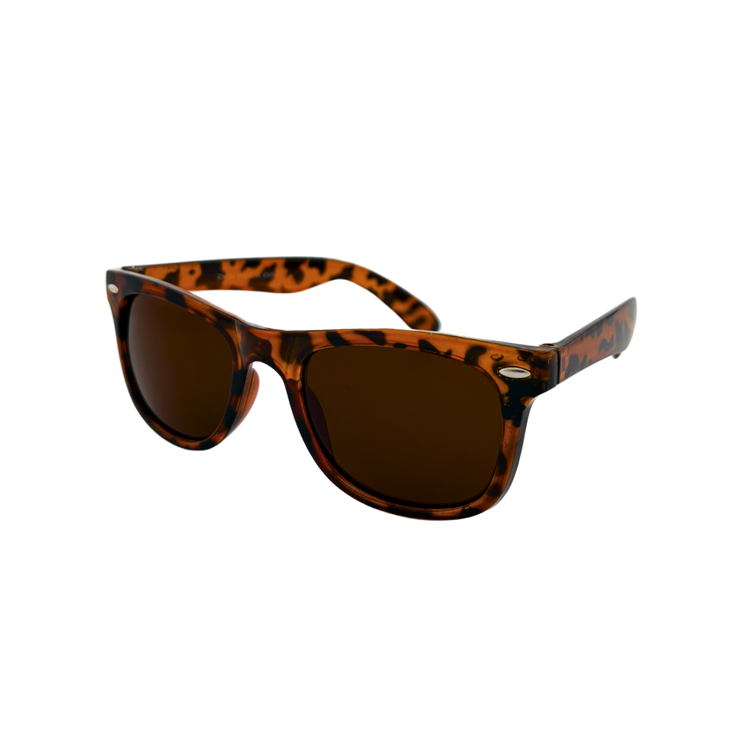 Wayfarer sunglasses in shiny black and demi brown frames with smoke, green, and brown lenses