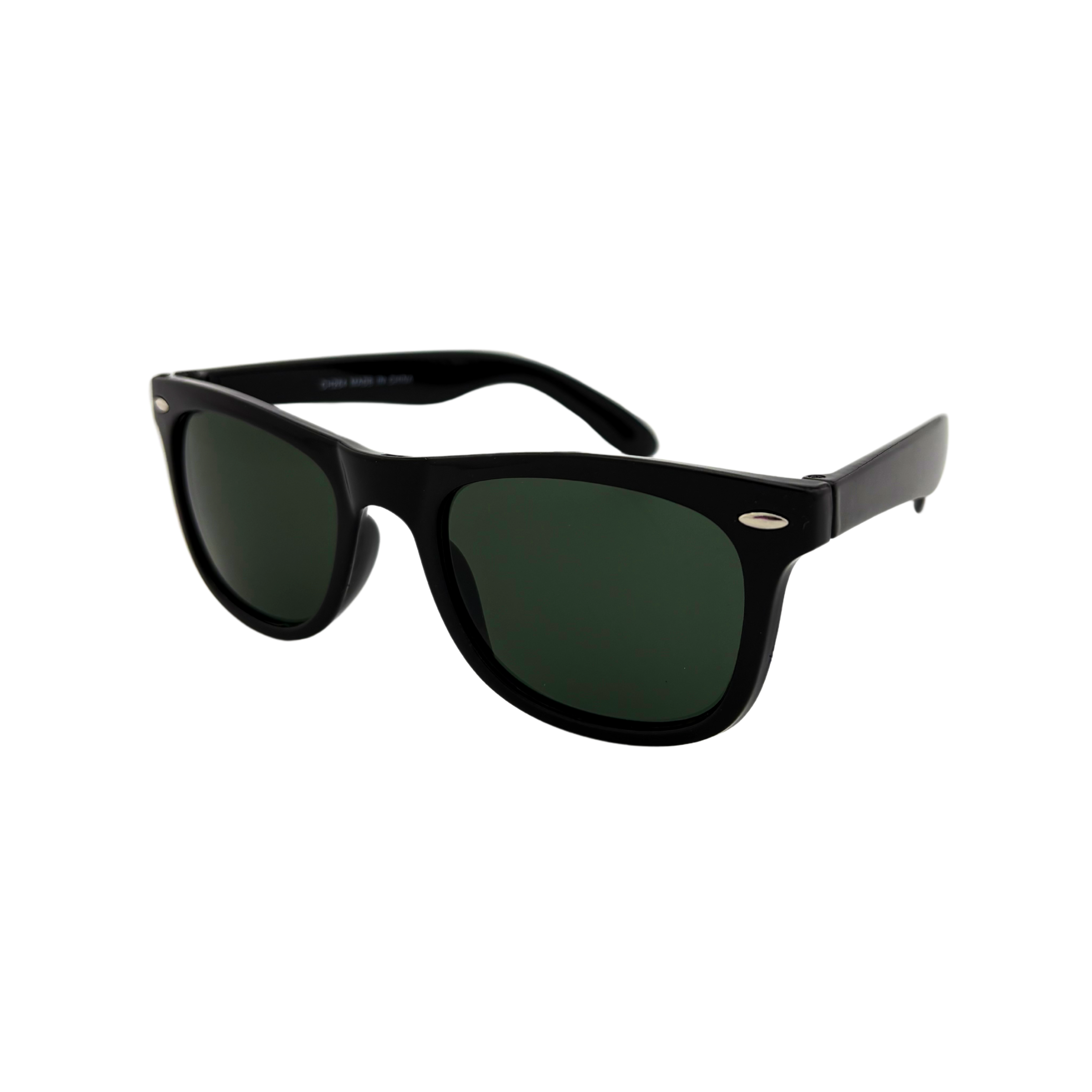 Wayfarer sunglasses in shiny black and demi brown frames with smoke, green, and brown lenses