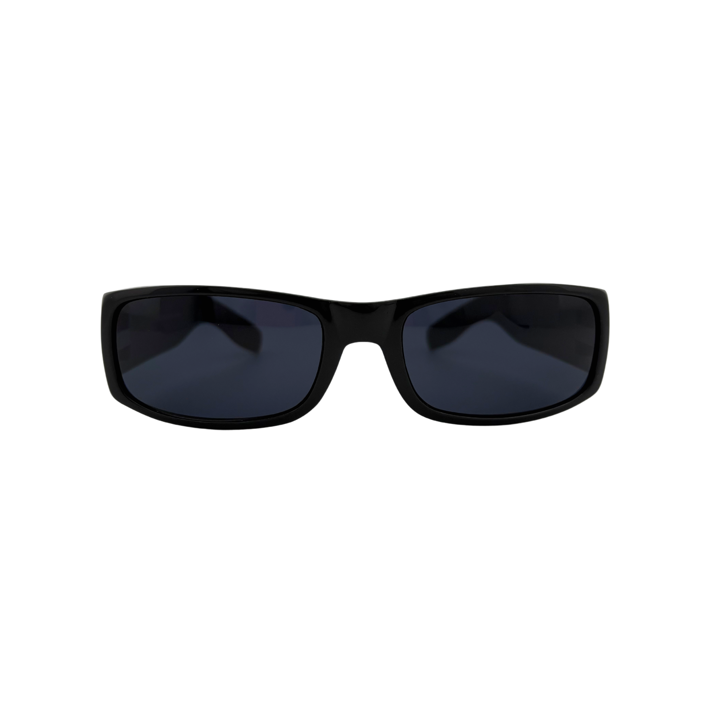 Polycarbonate sunglasses with matte and shiny black frames and smoke lenses, UV400 protection