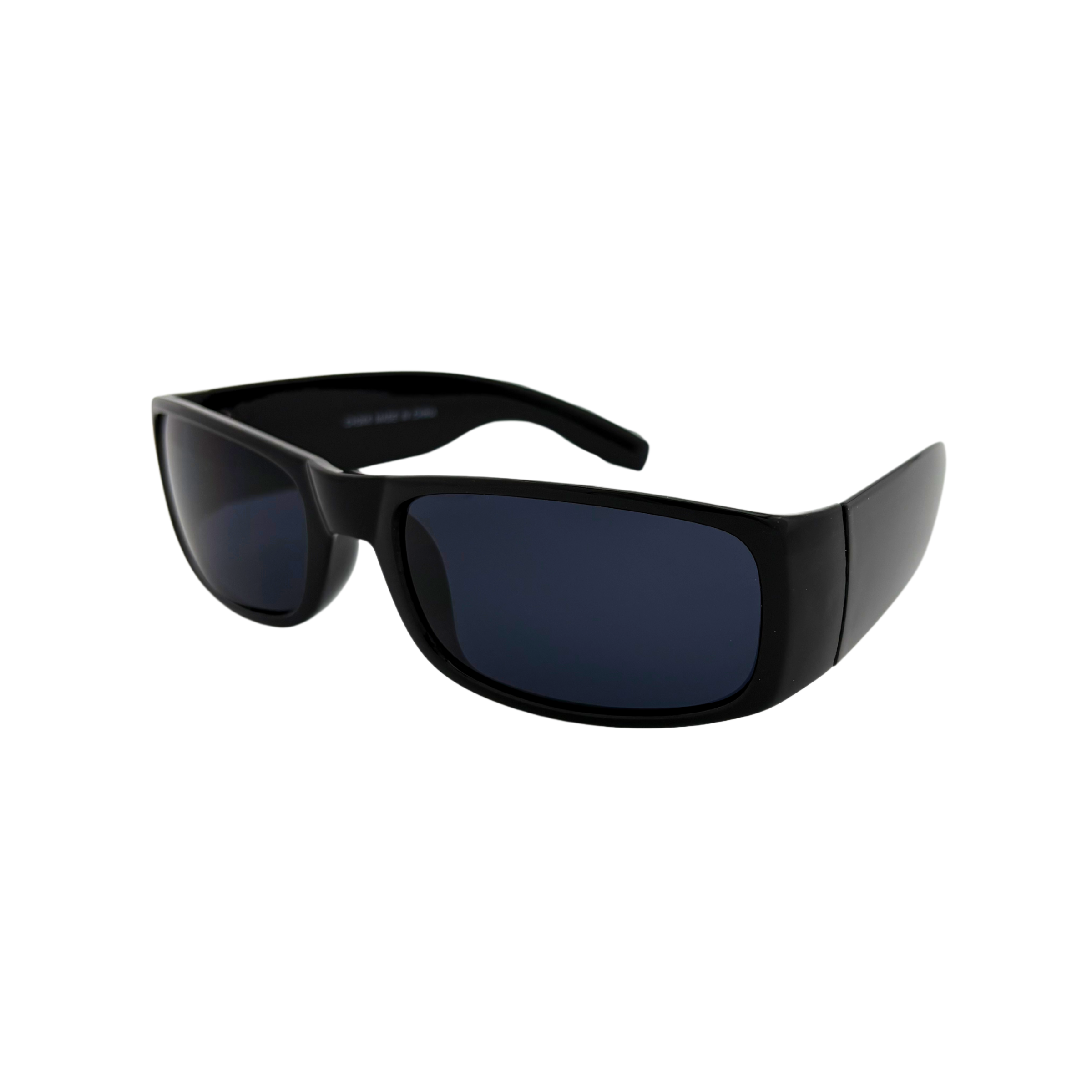 Polycarbonate sunglasses with matte and shiny black frames and smoke lenses, UV400 protection