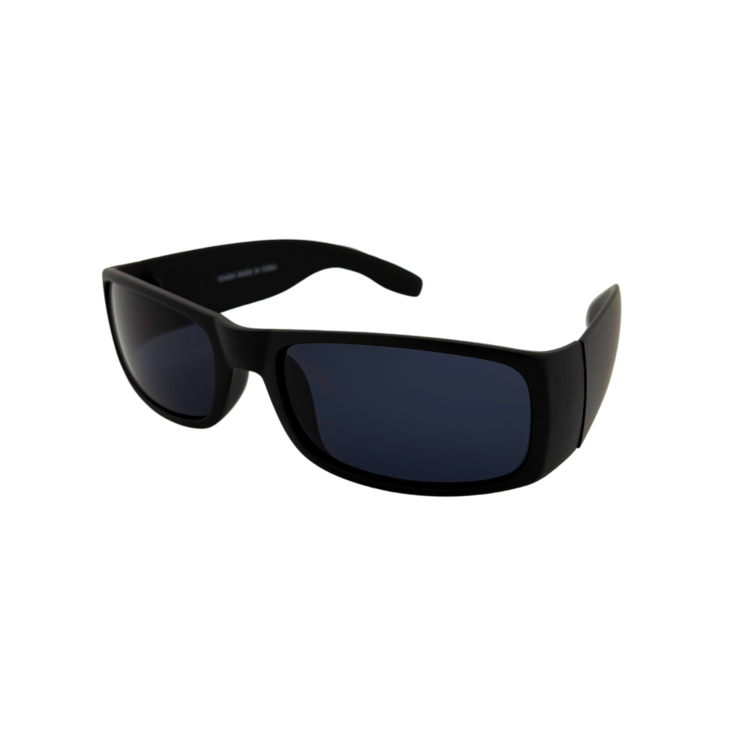 Polycarbonate sunglasses with matte and shiny black frames and smoke lenses, UV400 protection