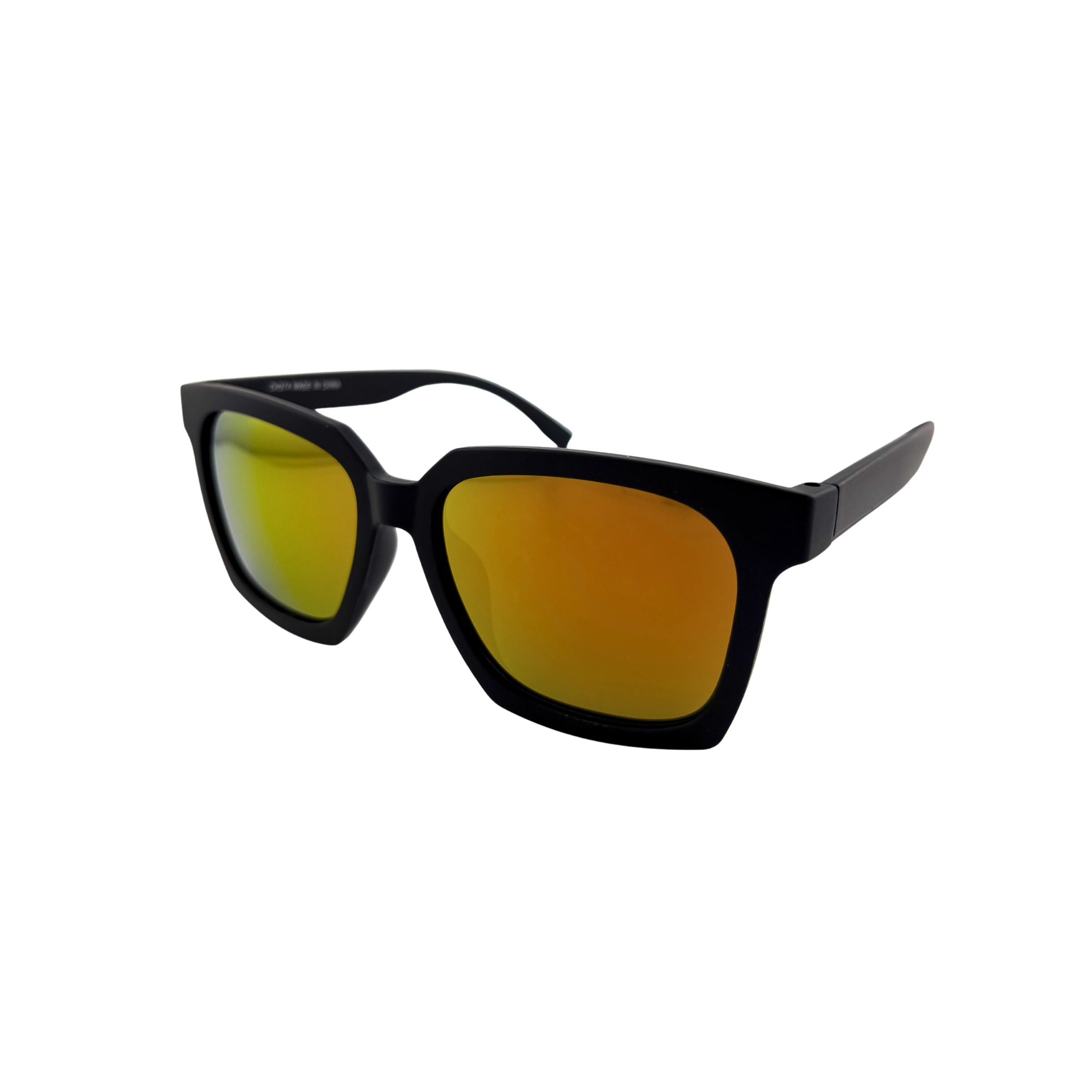 Black-framed sunglasses with orange-tinted lenses on a white background
