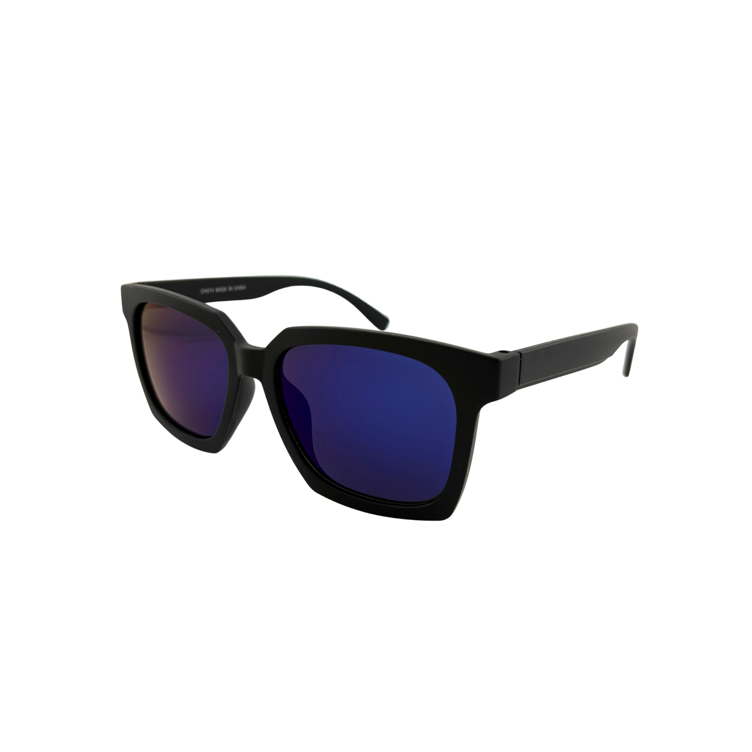 Black sunglasses with blue lenses on a white background