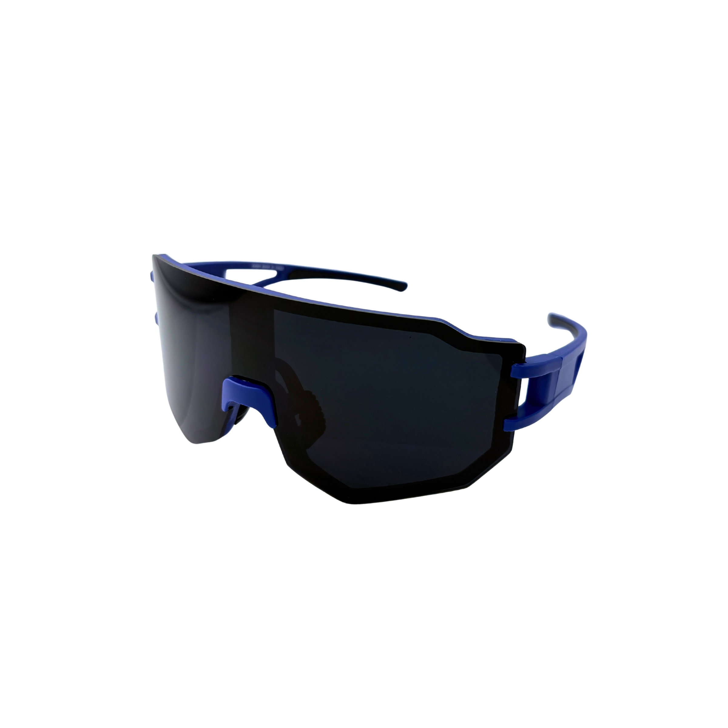 Black sunglasses with blue frame on a white background