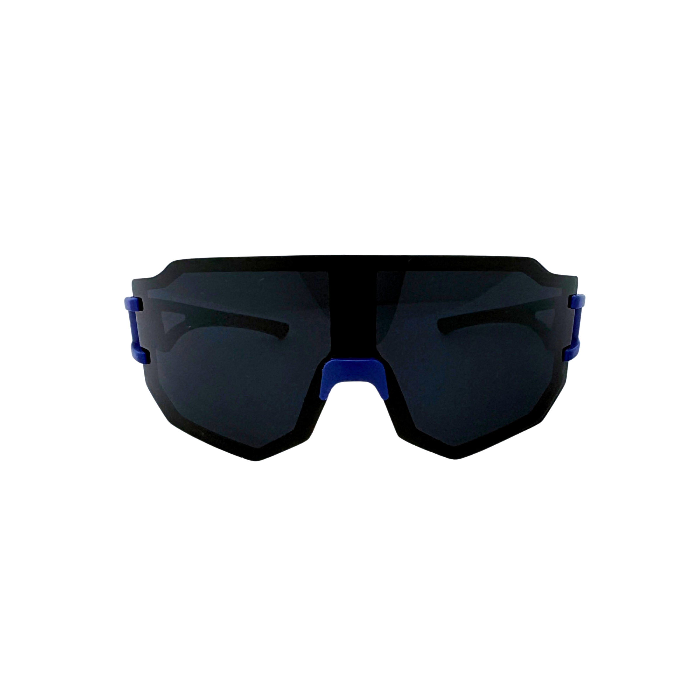 Black sunglasses with blue frames on a white background