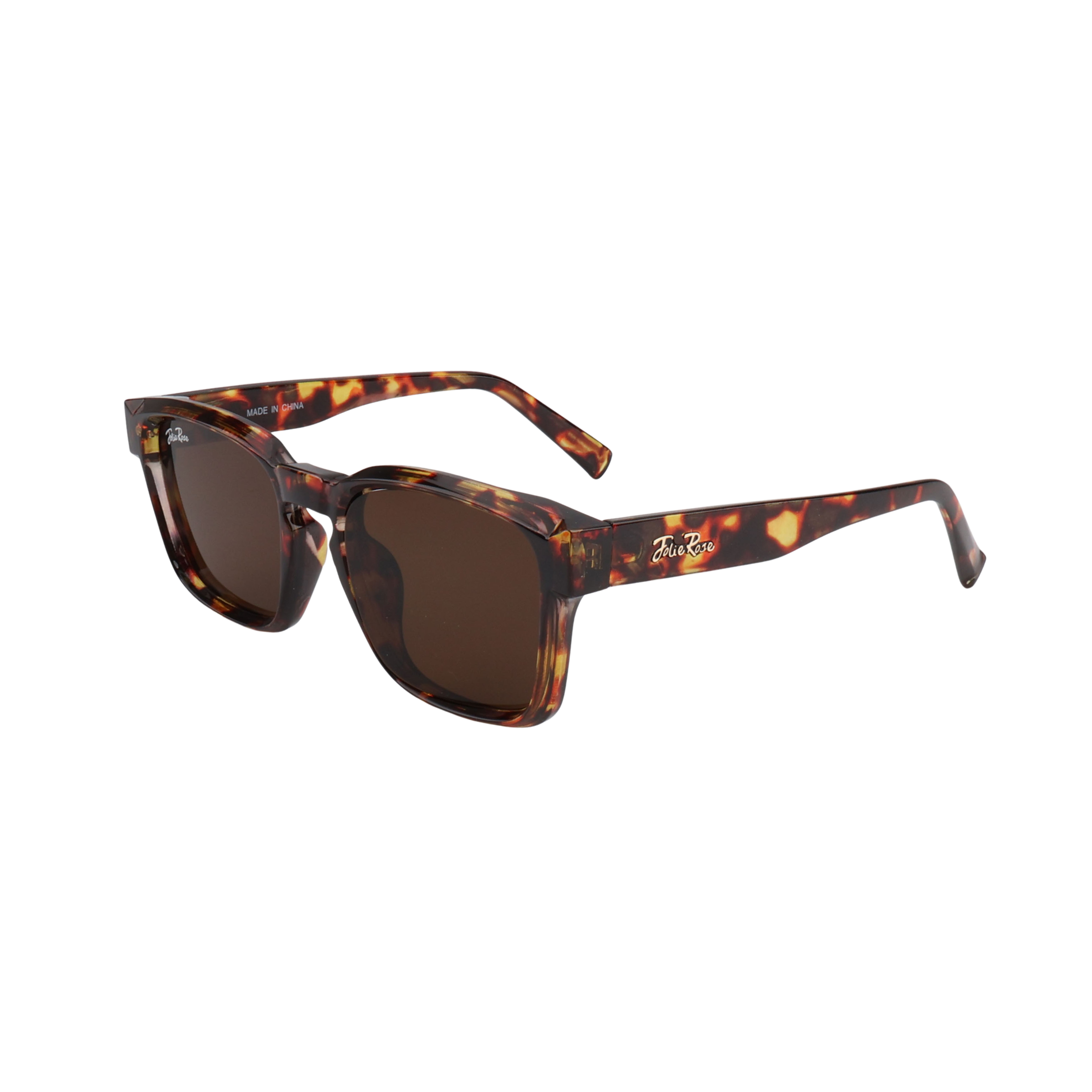 Sunglasses with tortoiseshell frame and brown lenses on a white background