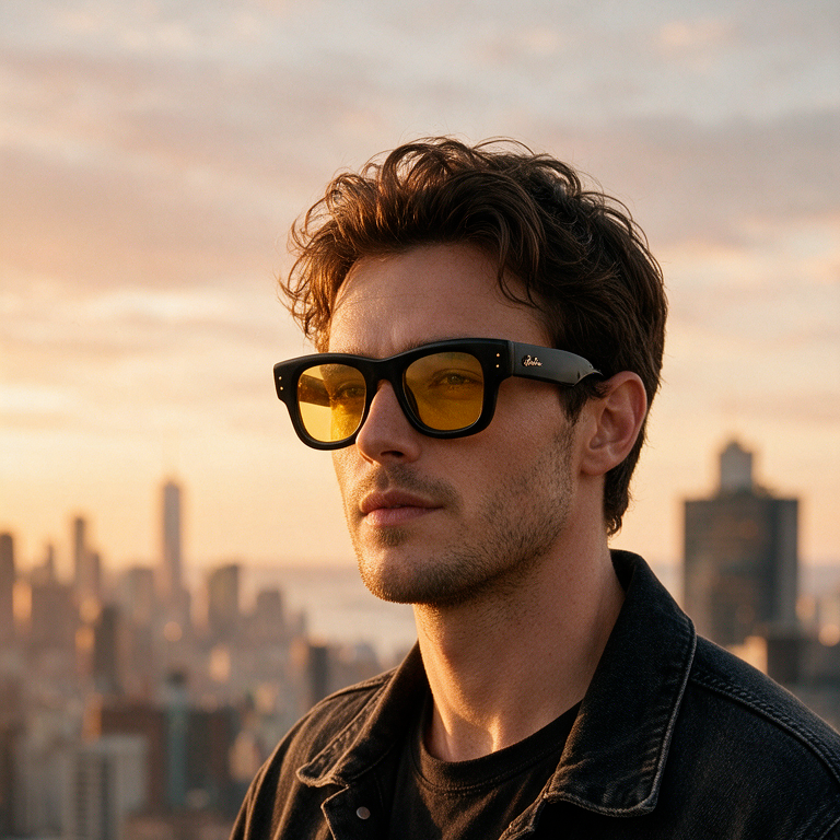 A man wearing black-framed sunglasses with yellow-tinted lenses and a dark denim jacket, standing outdoors against a city skyline at sunset.
