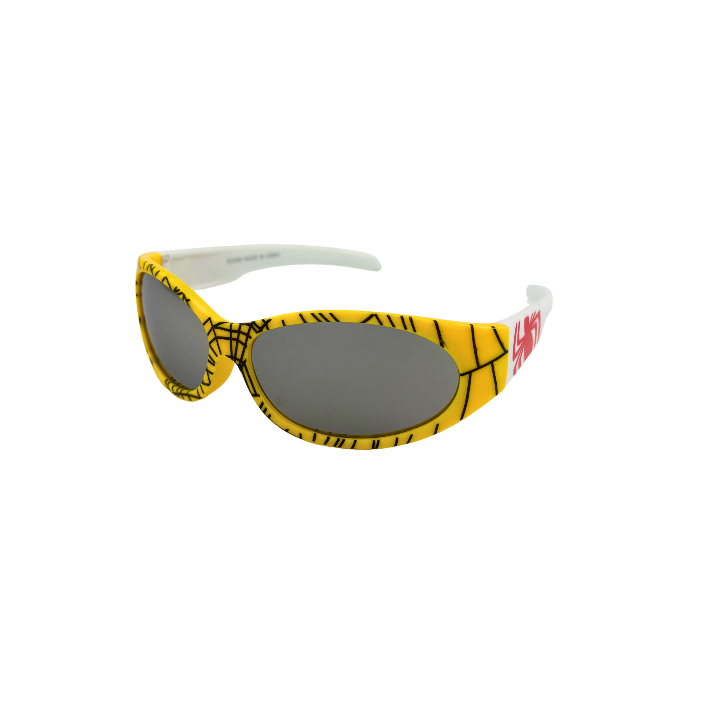 Yellow and black patterned sunglasses with a white frame on a white background