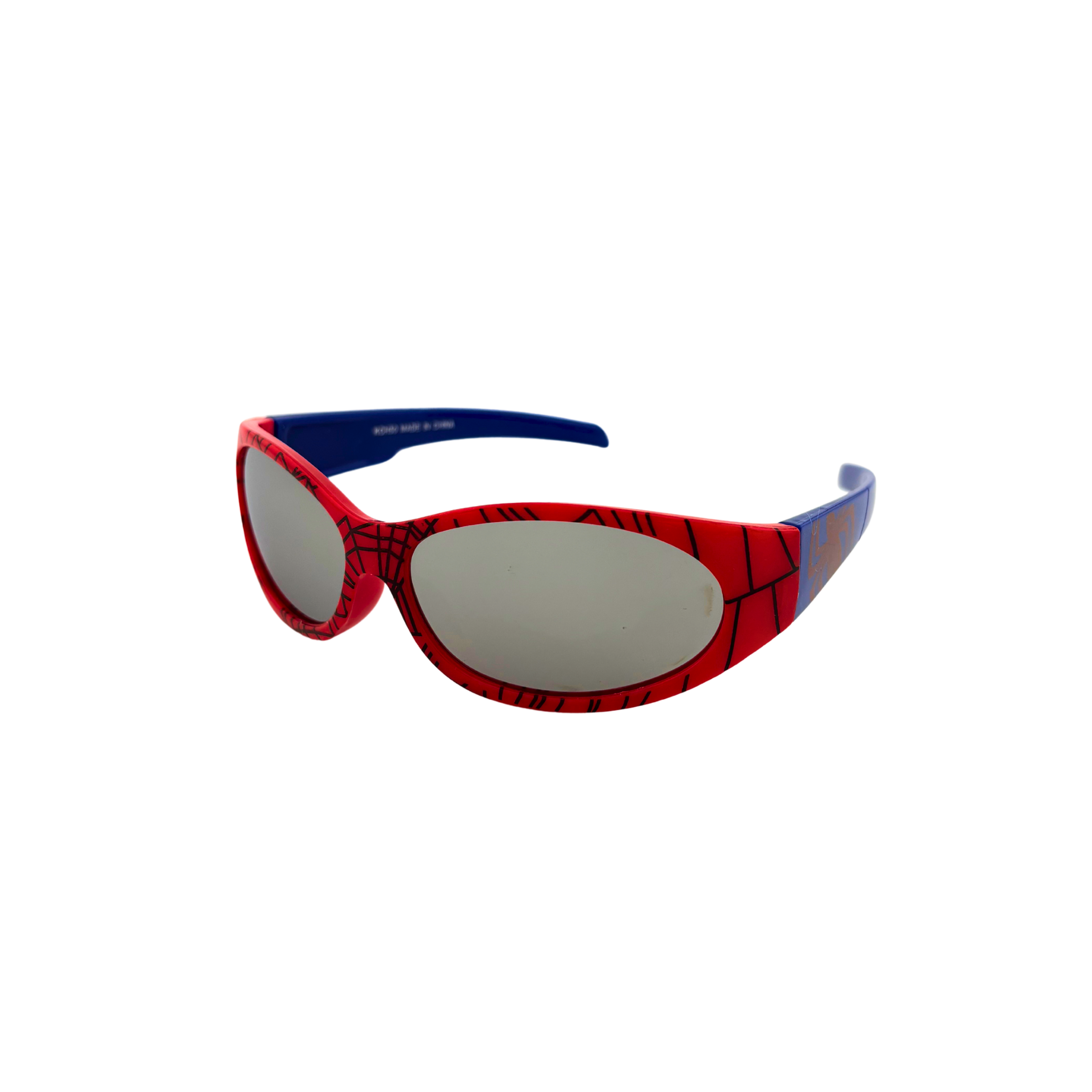 Red and blue sunglasses with a spider web pattern on a white background