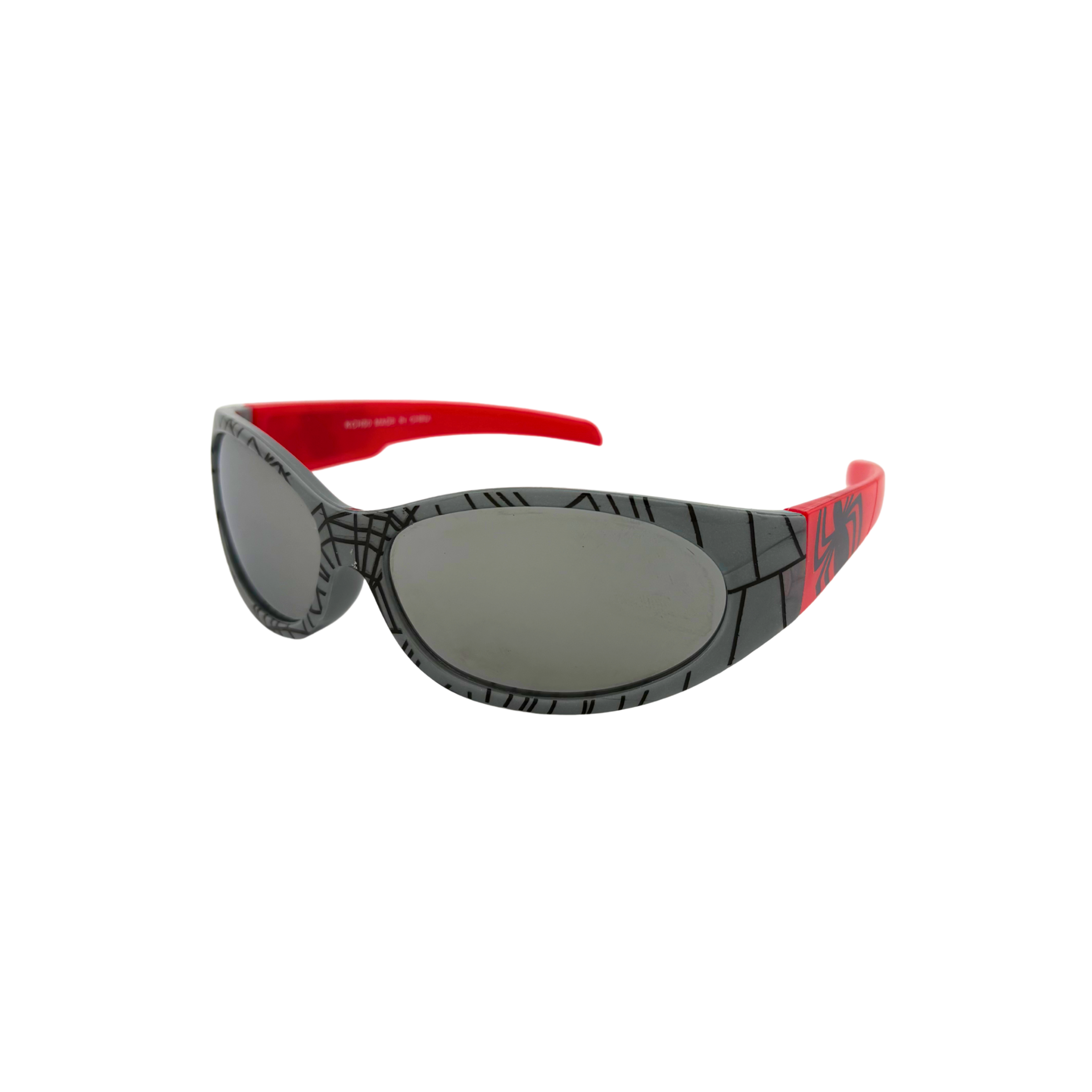 Sunglasses with red frame and black patterned arms on a white background